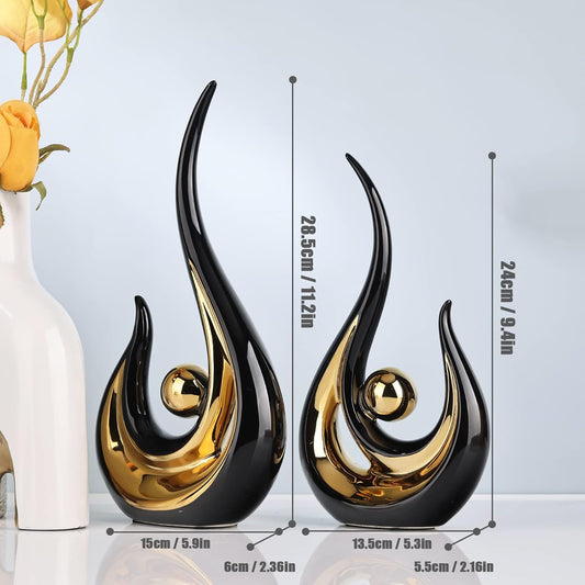 XMGZQ Black and Gold Ceramic Abstract Art Decor, Modern Abstract Flame Shape Statue for Home, Office, Dining Room