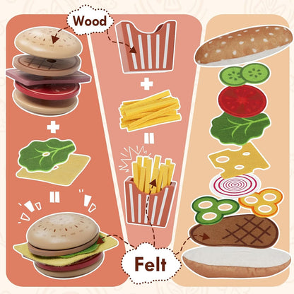 Lehoo Castle Wooden Play Food Sets for Kids Kitchen, Pretend Play Hamburger Counter Shop, Play Kitchen Accessories 3+, Montessori Toys for Toddlers 3-5 Year Old Boys Girls