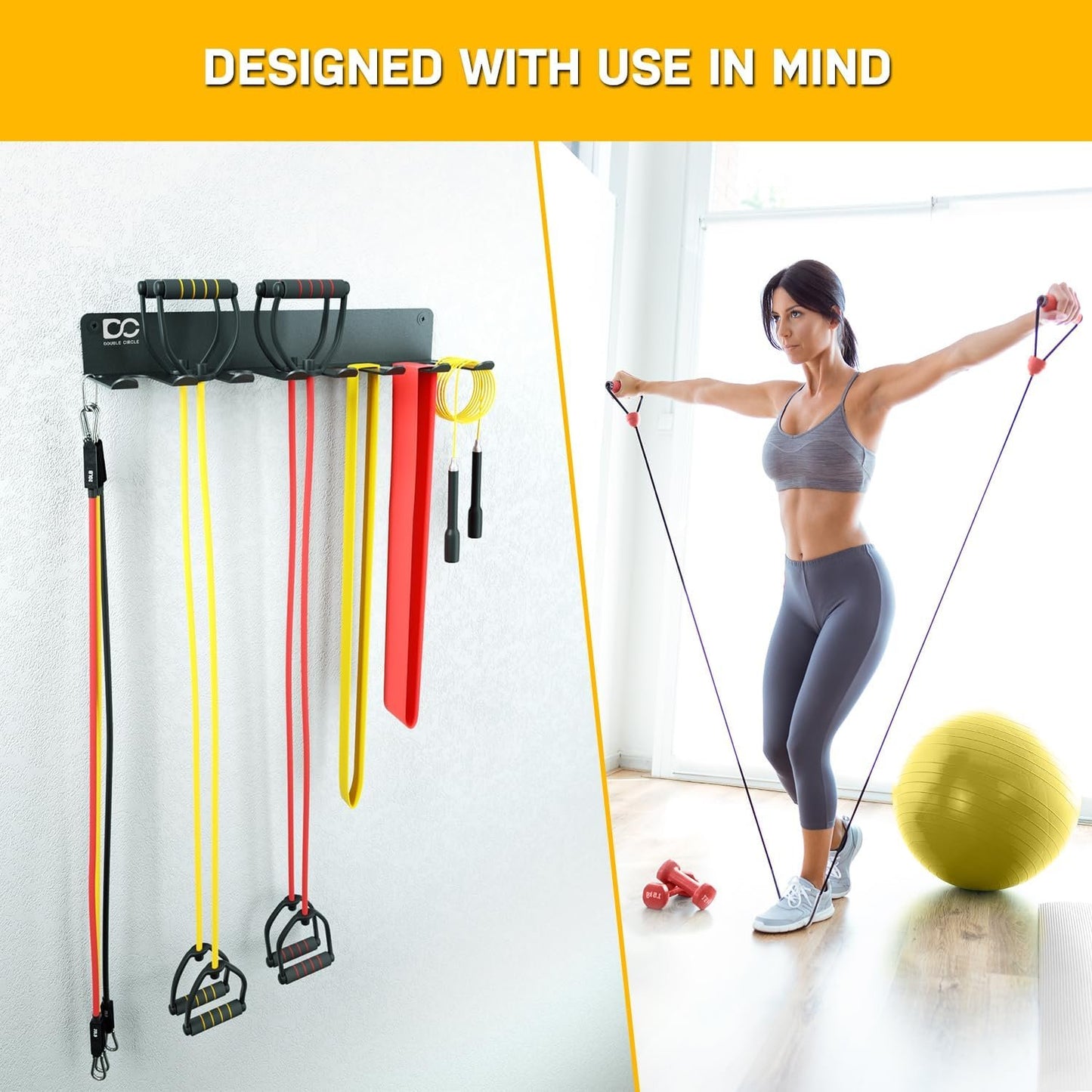 Double Circle Gym Equipment Storage Rack, Multi Purpose Gym Equipment Wall Rack Hanger for Pro Home Gym Storage for Exercise Bands, Barbell Bar, Jump Ropes, Chains, Lifting Belts