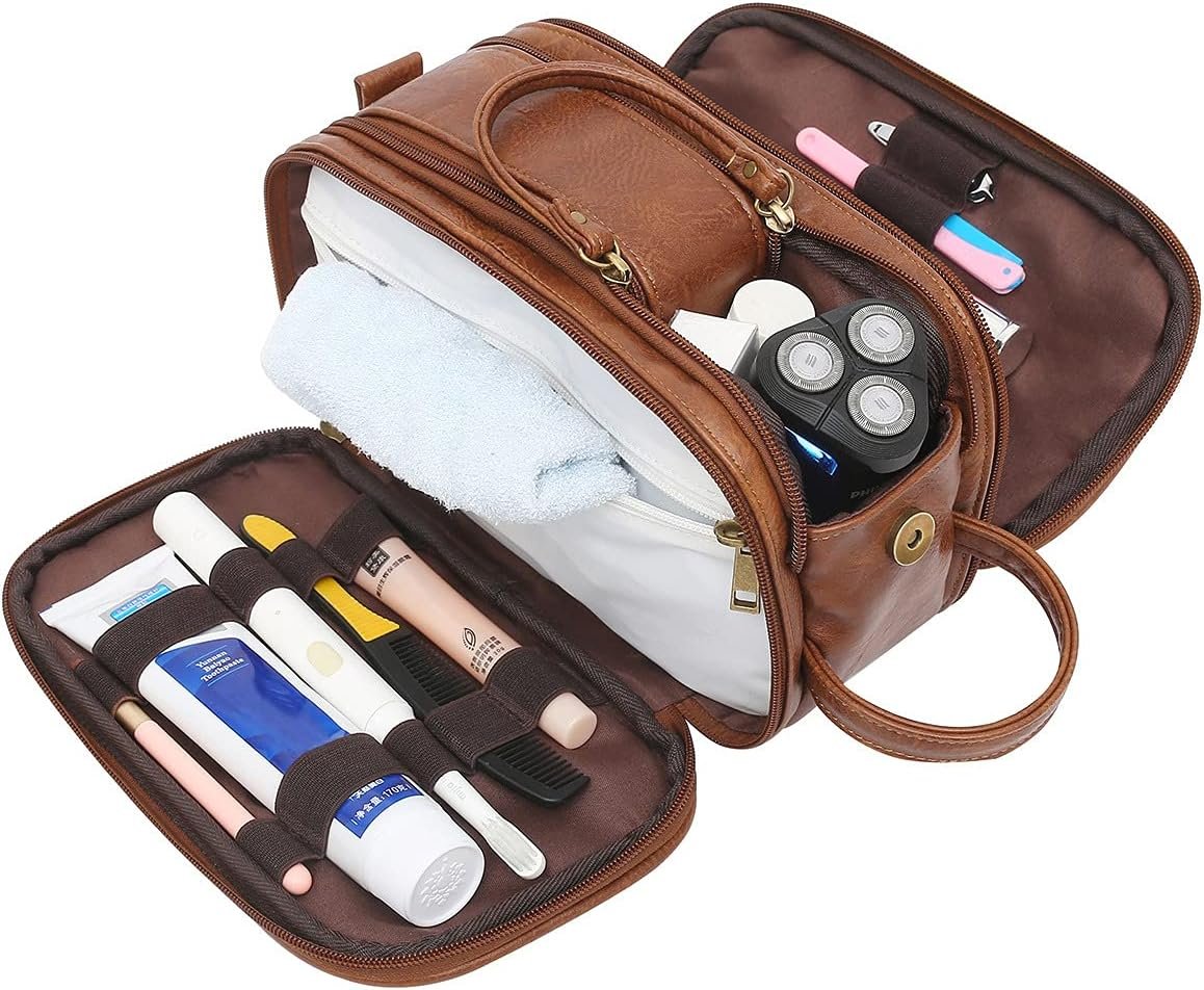 Toiletry Bag for Men Travel Toiletries Bag Water-Resistant Dopp Kit Faux Leather Shaving Bag Organizer for Toiletry Accessories Grooming Hygiene Cosmetic