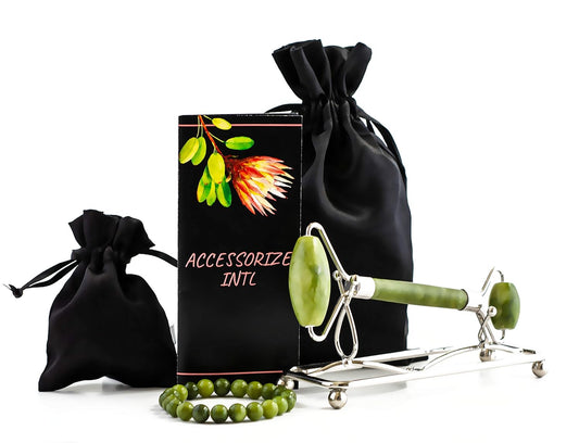 Jade Roller Deluxe Set with Bracelet, Jeweled Stand and Satin Pouches. Skin Care Facial Massage Detox Optimize Health Wellness Anti Aging Treatment Wrinkle Removal