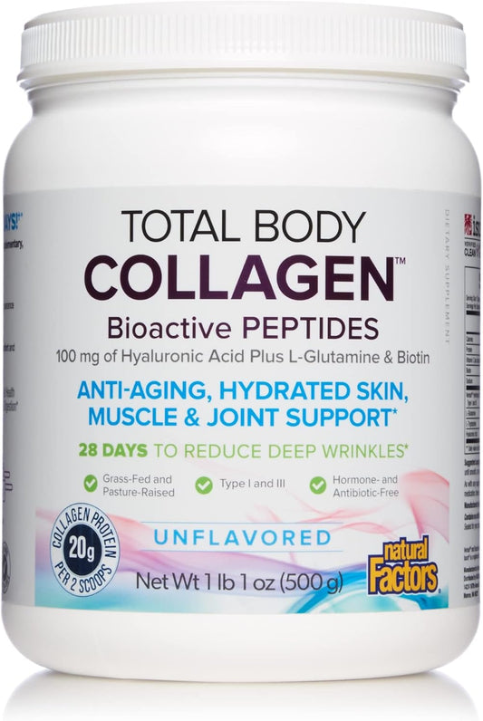 Natural Factors - Total Body Collagen Bioactive Peptides Unflavoured, 500g Powder - Complete Amino Acid Supplement with Hyaluronic Acid, Glutamine and Biotin - Hydrated Skin, Muscle & Joint Recovery