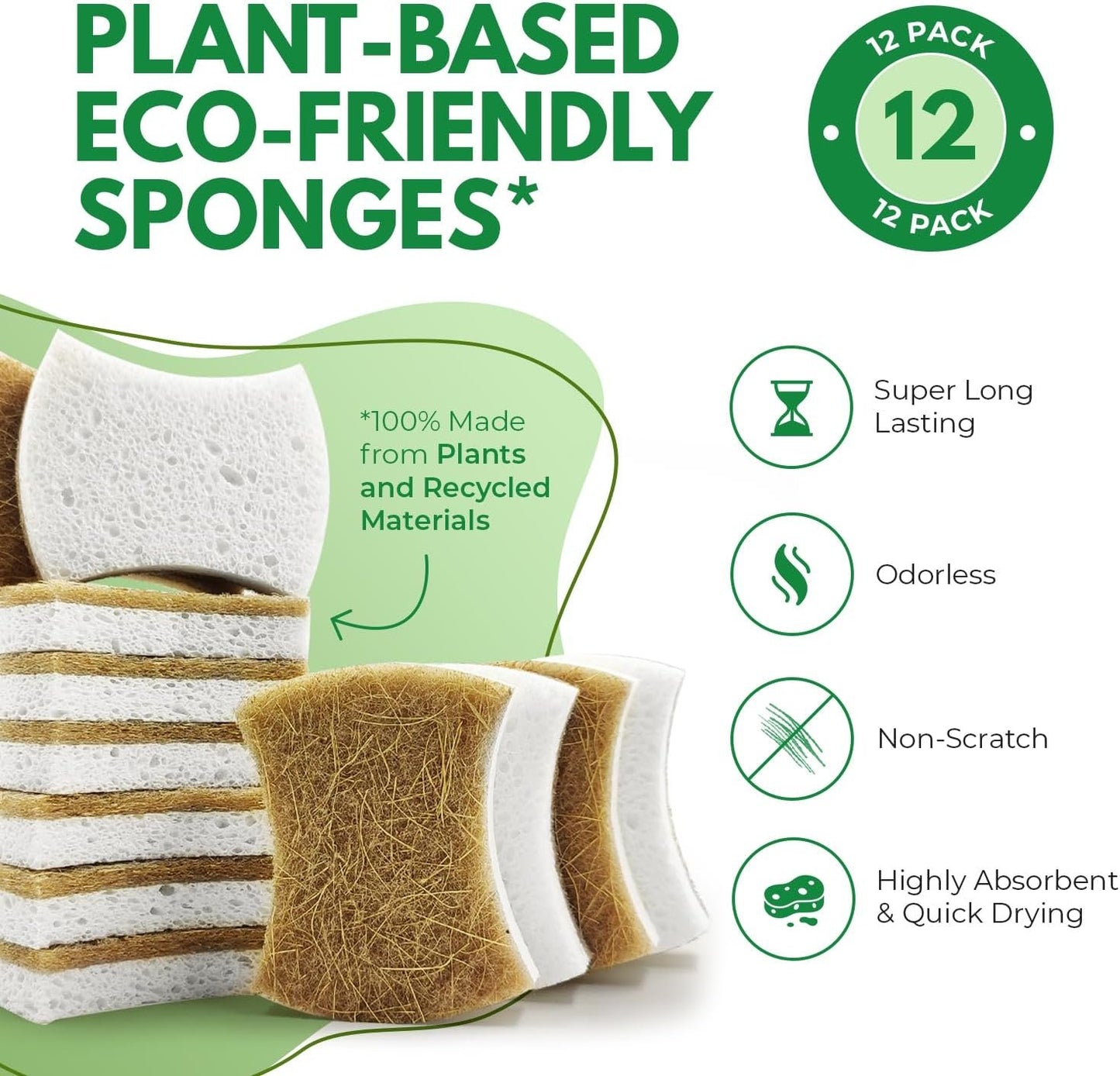 AIRNEX 12 Pack Biodegradable Natural Kitchen Sponges - Non Scratch Cellulose and Coconut Dish Sponges - Eco Friendly Sponges for Dishes with Dish Scrubber - Odourless Dual Sided Multipurpose Sponges