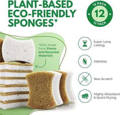 AIRNEX 12 Pack Biodegradable Natural Kitchen Sponges - Non Scratch Cellulose and Coconut Dish Sponges - Eco Friendly Sponges for Dishes with Dish Scrubber - Odourless Dual Sided Multipurpose Sponges
