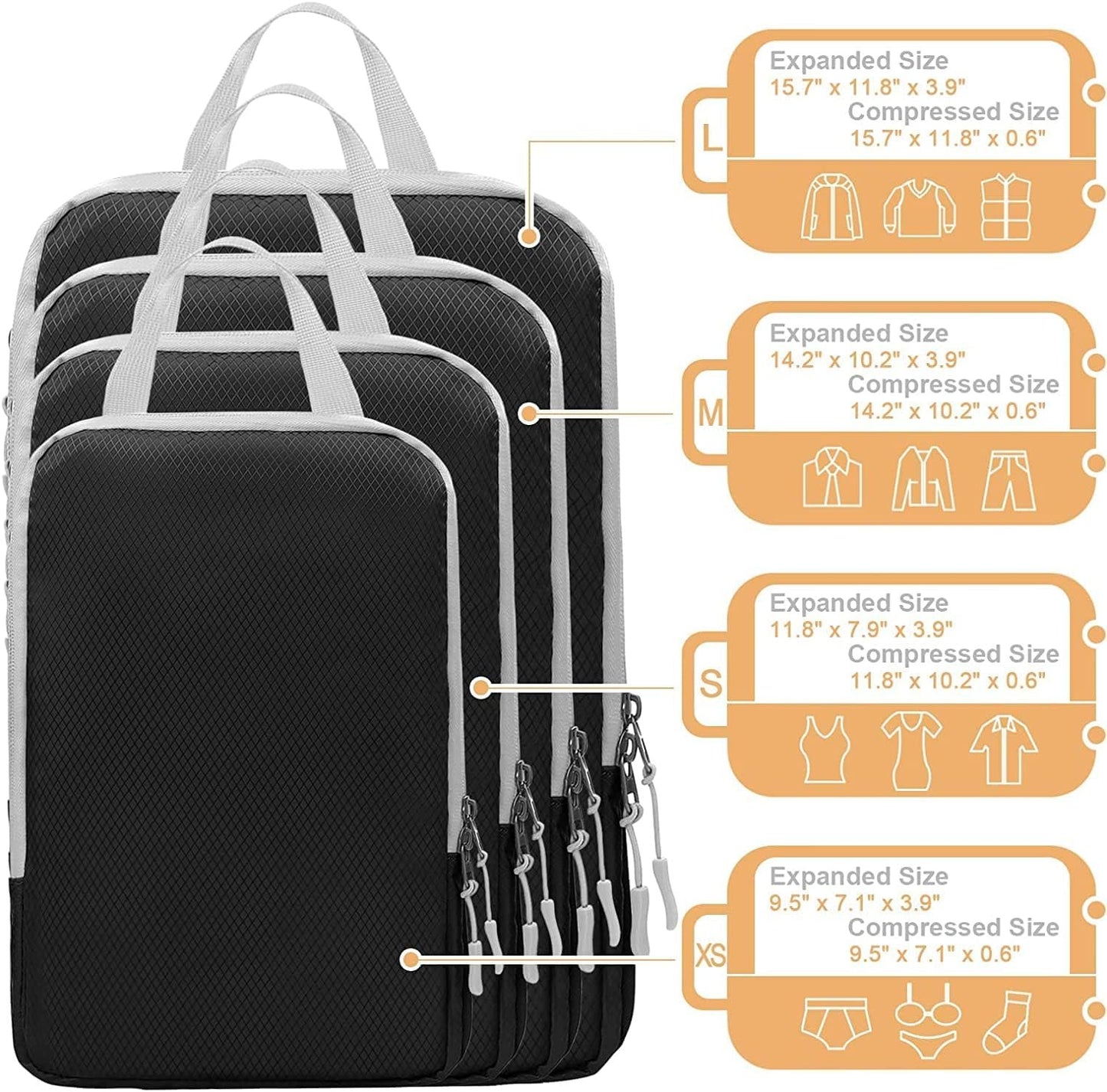 Compression Packing Cubes for Suitcases, Travel Essentials Expandable Travel Bags Organizer for Luggage-4 Set (Black)