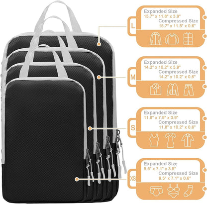 Compression Packing Cubes for Suitcases, Travel Essentials Expandable Travel Bags Organizer for Luggage-4 Set (Black)