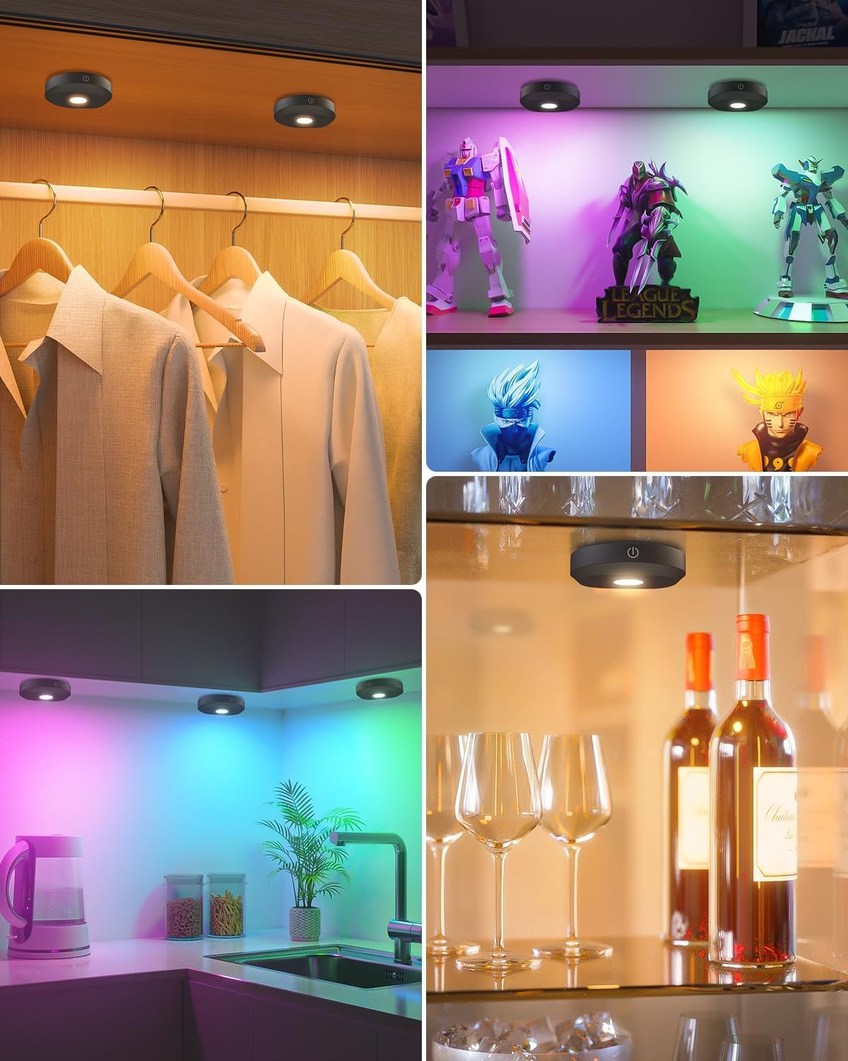 WILLED Rechargeable Puck Lights with Remote Control, RGB Under Cabinet Lighting Wireless, 1200mAh Battery LED Tap Light,Timer Function Stick On Lights for Closet, Shelf, Counter,Kitchen Cabinet,3 Pack