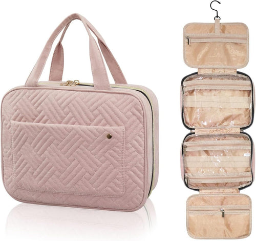 Hanging Toiletry Bag, Travel Makeup Bag, 4 Compartments Large Wash Bag, Portable Waterproof Cosmetic Toiletries Storage for Women (Pink)