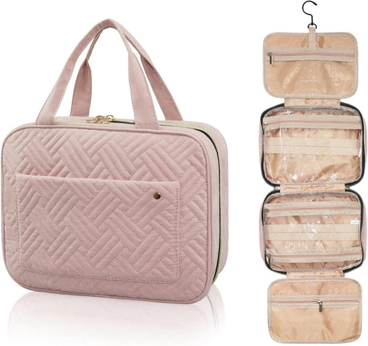 Hanging Toiletry Bag, Travel Makeup Bag, 4 Compartments Large Wash Bag, Portable Waterproof Cosmetic Toiletries Storage for Women (Pink)