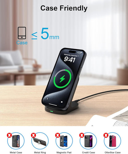 15W Fast Samsung Wireless Charger Stand, Qi Certified Wireless Charging Station for Samsung Galaxy S25 S24 S23 Ultra, Z Fold6, Z Flip5, Android Phone Wireless Charging Stand for iPhone 16 15 Pro Max