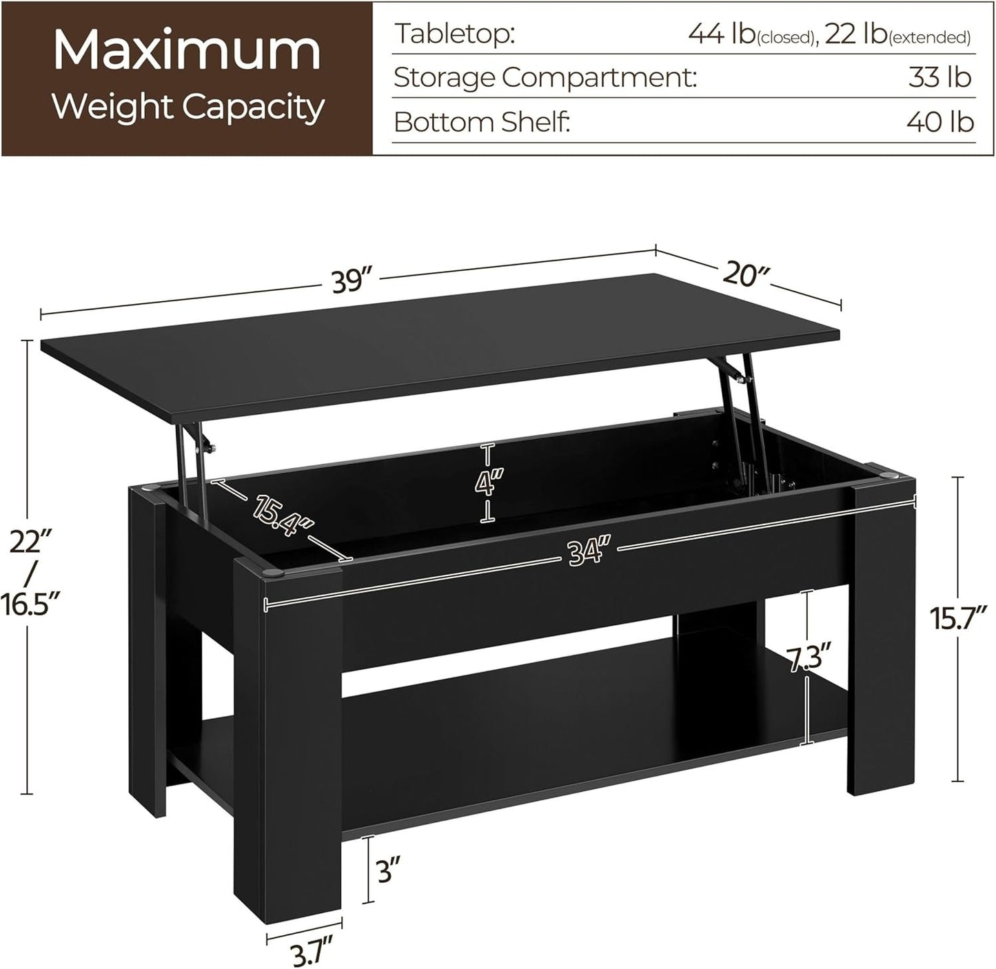 Yaheetech Lift Top Coffee Table with Hidden Compartment and Storage Shelf, Rising Tabletop Dining Table for Living Room Reception Room, 98cm L, Black