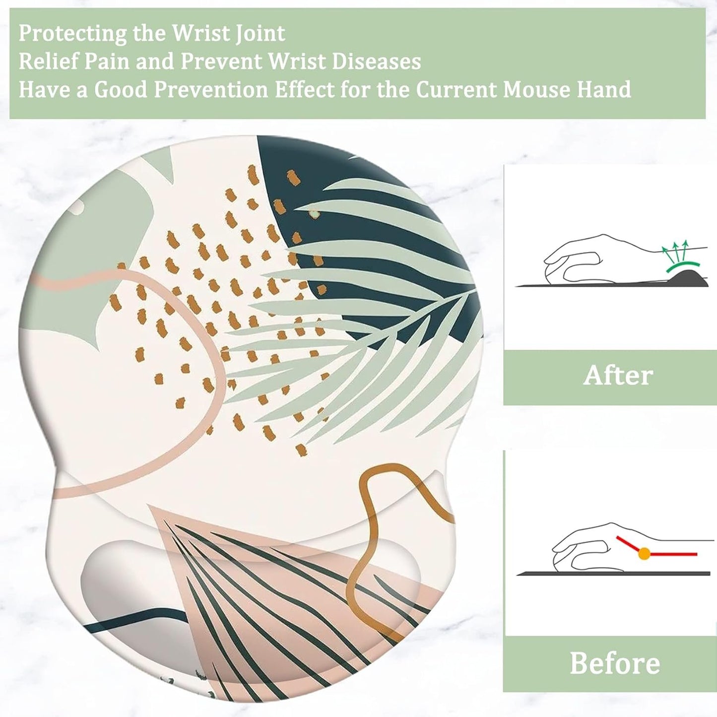 Mouse Pad with Support, Pain Relief Ergonomic Mouse Pad, Comfortable Durable Computer Mouse Pad Wrist Rest with Non-Slip PU Base for Home Office Working Studying (Modern Abstract Leaves)
