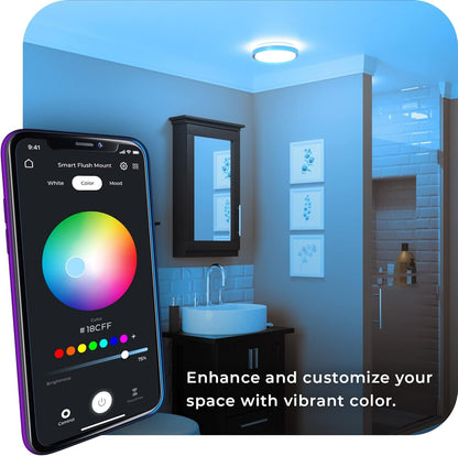 Globe Electric 60839 Wi-Fi Smart 11" Flush Mount Ceiling Light, Brushed Nickel, No Hub Required, Voice Activated, Energy Star, 16 W, Multicolor Changing RGB, White 2000K - 5000K, 1120 Lumens, 80 CRI