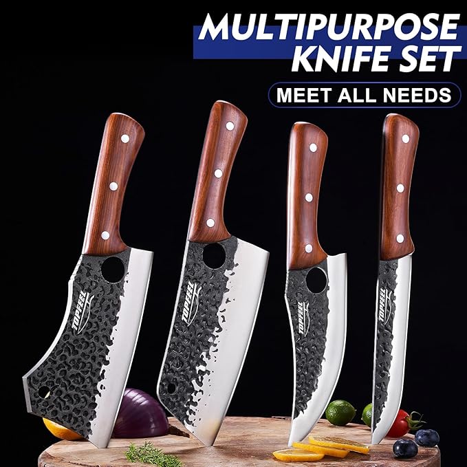 4PCS Meat Cleaver Set -Heavy Duty Bone Chopper & Meat Cleaver & Viking Knife & Slicing Knife, Chef Knives Set for Home Kitchen,Camping, BBQ Knives Gift for Men