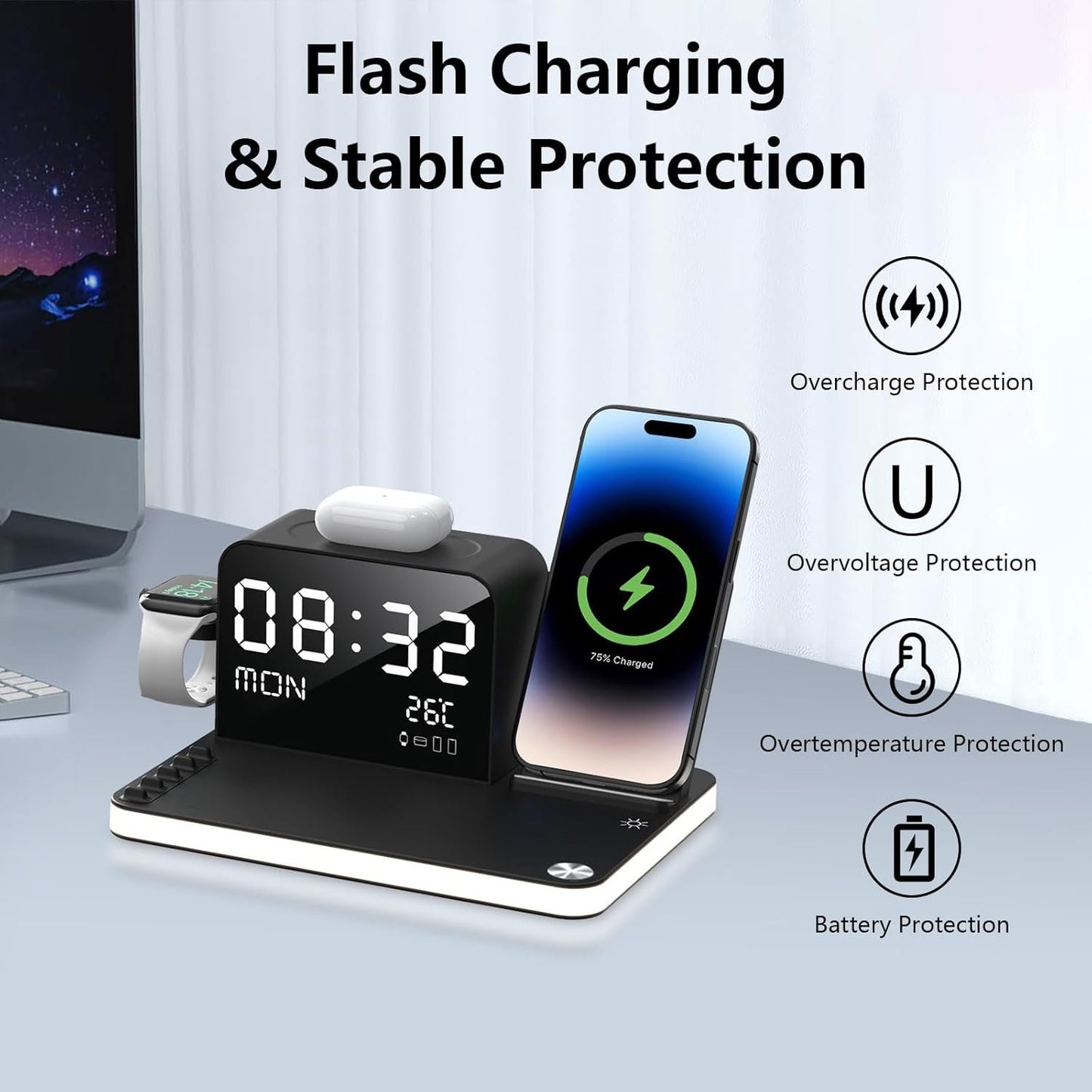 7 in 1 Wireless Charging Station, Fast Charger Station with Dual Phone, Bluetooth TimeSync, Temperature, Touch Night Light,33W Adapter for Phone 16/15/14/13/12 All Series & iWatch