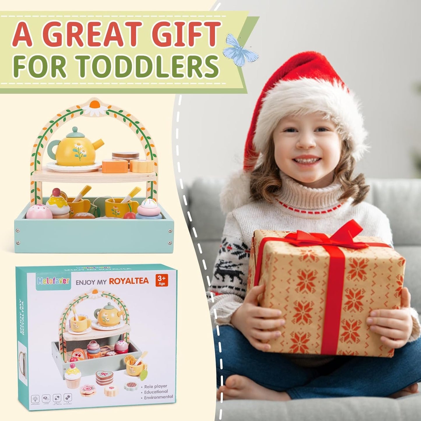 Wooden Tea Party Set for Little Girls, Tea Set Toddler Girl Toys, Pretend Play Tea Sets for Toddlers 3-5, Wooden Toys with Cupcake Stand & Play Kitchen Accessories for 3 4 5 6 Years Old Gifts