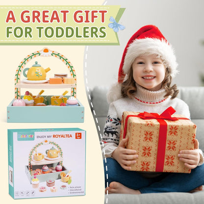 Wooden Tea Party Set for Little Girls, Tea Set Toddler Girl Toys, Pretend Play Tea Sets for Toddlers 3-5, Wooden Toys with Cupcake Stand & Play Kitchen Accessories for 3 4 5 6 Years Old Gifts