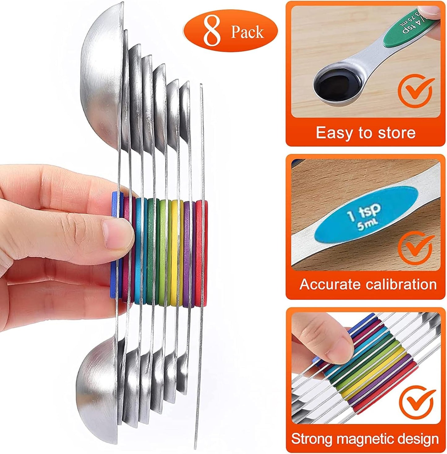 Magnetic Measuring Spoons Set, 7 Measuring Spoons and Cups 1 Leveler Stainless Steel Dual Sided Stackable Teaspoon for Liquid and Dry Ingredients