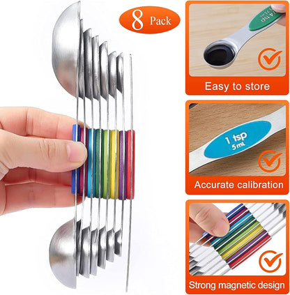 Magnetic Measuring Spoons Set, 7 Measuring Spoons and Cups 1 Leveler Stainless Steel Dual Sided Stackable Teaspoon for Liquid and Dry Ingredients