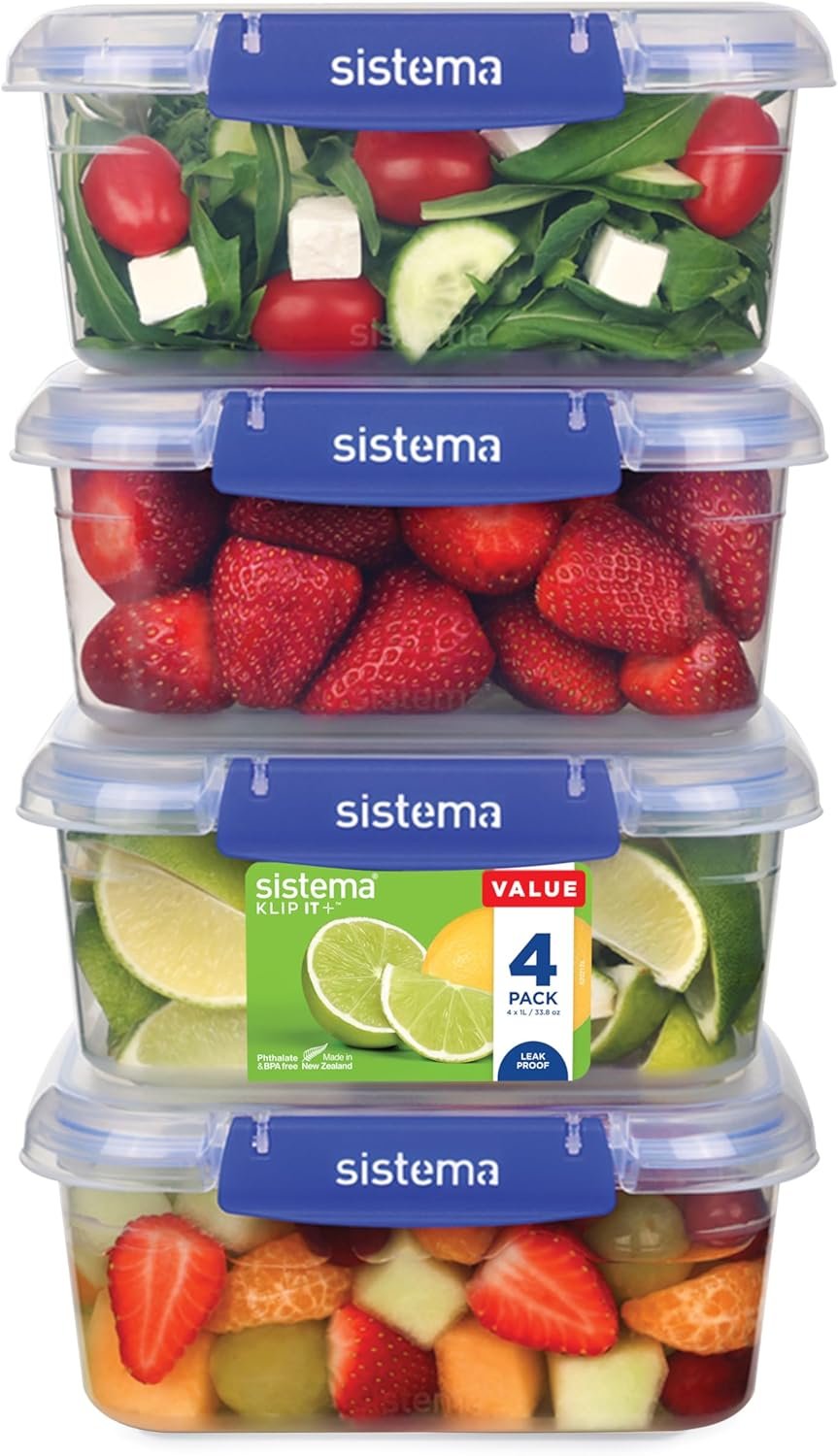 Sistema KLIP IT PLUS Food Storage Containers | 1 L | 4 Piece Airtight Containers Set | Leak-Proof Seal | Easy Locking Clips| BPA-Free