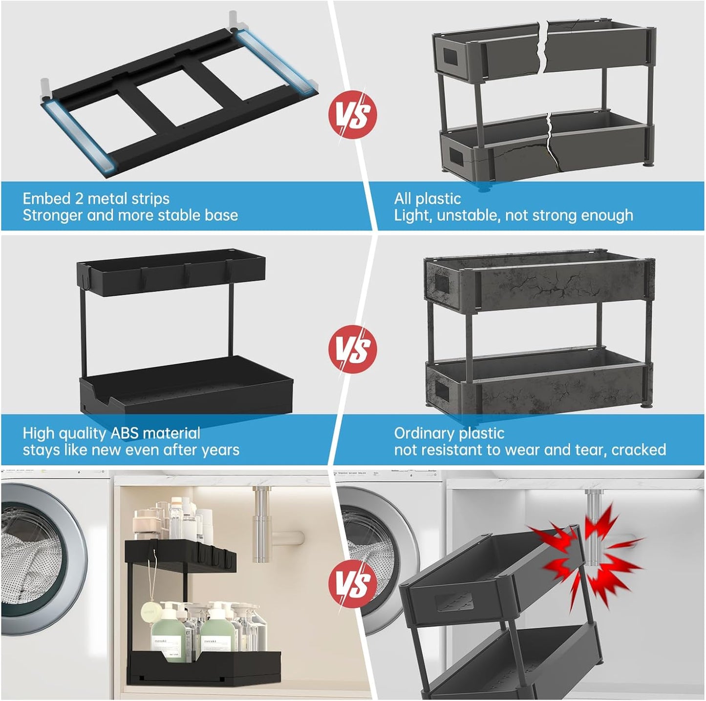 2-Tier Under Sink Organizers, 2 Pack Sliding L-shape Cabinet Organizers Narrow Space Storage Shelves Multi-purpose Sink Organizer Baskets with 4 Hook for Kitchen Bathroom Drawer, Black
