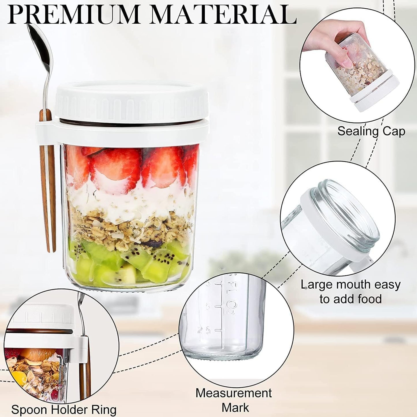 HJB VISSO Glass Jars, Overnight Oats Container with Lid and Spoon [4 Pack], Overnight Oats Jars, 350ml / 10 oz Cereal, Milk, Vegetable and fruit Salad Storage Container with Measurement Marks