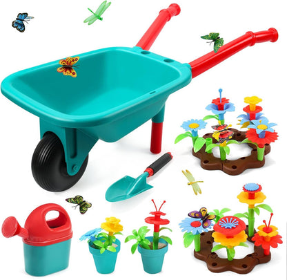 CUTE STONE Kids Gardening Tool Set, Garden Toys with Wheelbarrow, Watering Can, Shovel, Flower Garden Building Toy, Pretend Play Outdoor Indoor Toy, Spring Summer Toy Gifts for Boys Girls