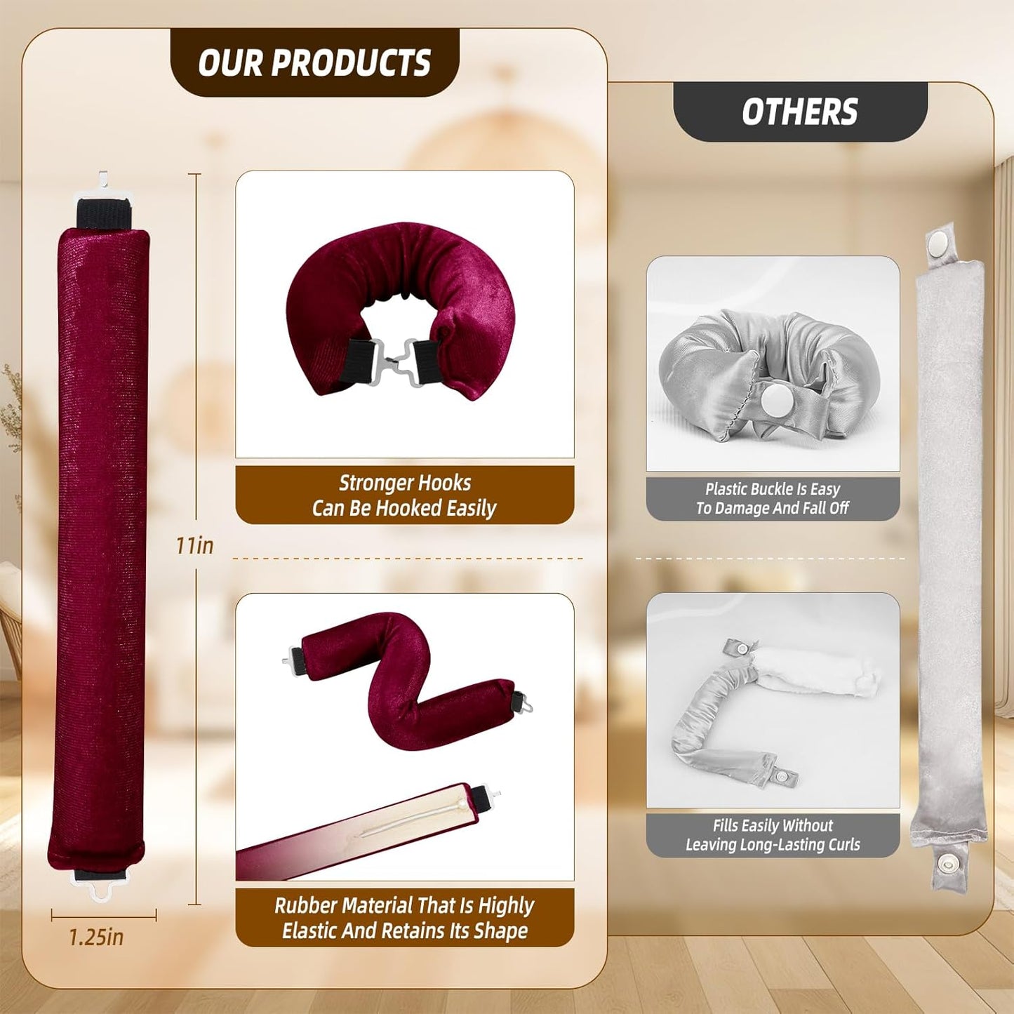Heatless Curls Overnight Rods Jumbo Set, Heatless Hair Curler Velvet Satin Jumbo Flexi Rods to Sleep in, No Heat Overnight Sleeping Blowout Curls Wave Styling Tools with Silk Scarf 4pcs Wine Red