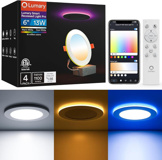 Lumary Smart Recessed Lighting Pro 6 Inch with RGB/Night Ring, 13W 1100LM Smart WiFi RGBWW LED Downlight, Canless with Junction Box, Works with Alexa/Google Assistant/BT Remote, ETL Listed, 4 Pack