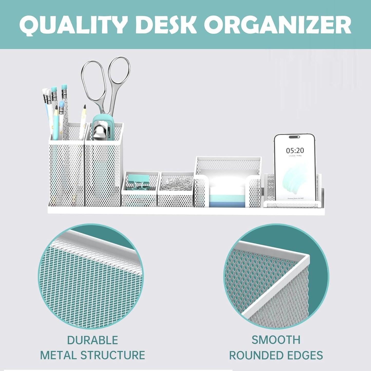 SUPEASY Desk Organizers and Accessories for Office Supplies Organization with 6 Compartments, Desk Organizer with Phone Holder, Pen Holder, Sticky Note Tray, White