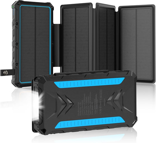 Solar Charger 20000mAh Solar Power Bank with Dual 3A Outputs USB C Fast Charging Portable Charger, 4 Solar Panels External Battery Waterproof and Flashlights for Phone,Tablet,Outdoor,Camping (Blue)