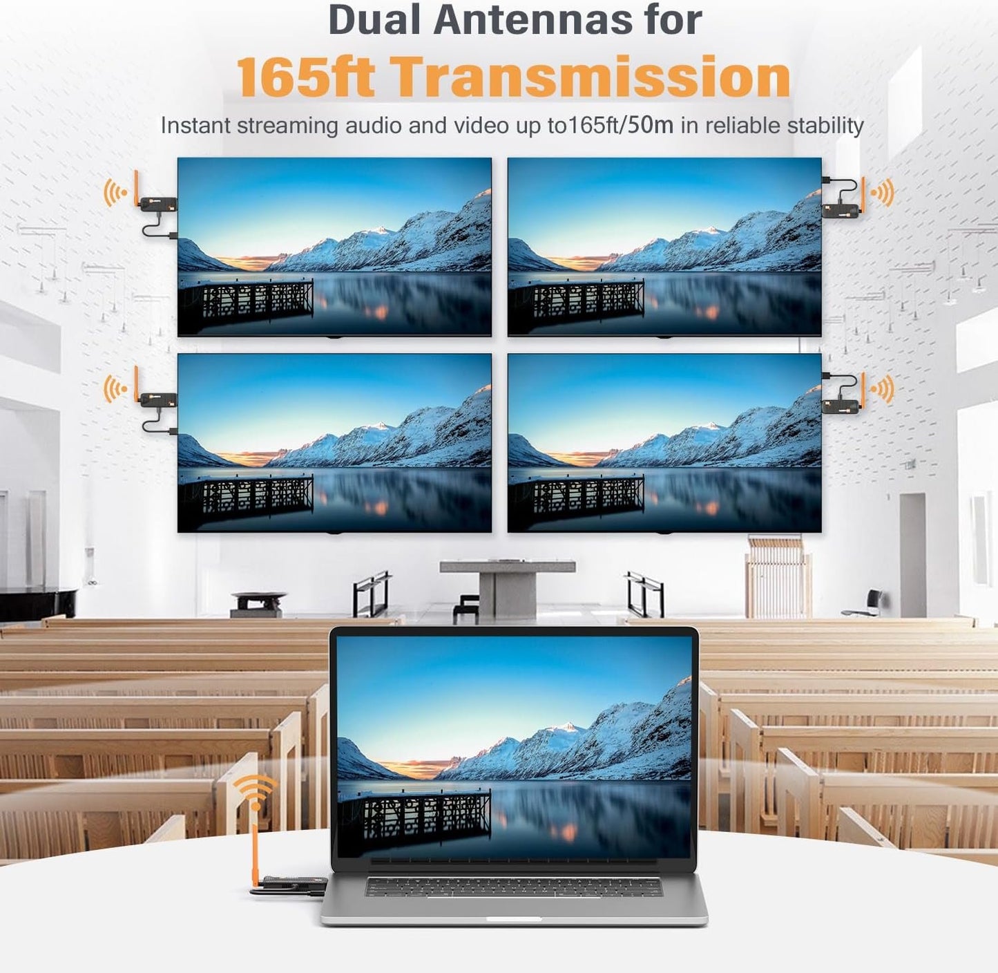 Wireless HDMI Transmitter and 2 Receivers, Support Up to 6 Receivers, 5.8G WELUSOPU HDMI Wireless Extender Streaming Content for PC Laptop Camera Cable Box to Multiple TVs Monitors Projectors -165FT