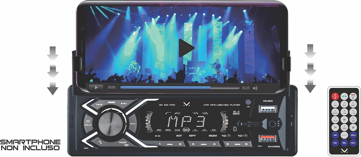 Majestic SA 500 PRO Car Audio System with Smartphone Holder, Bluetooth, MP3/WMA Player USB/Micro SD, Aux-IN, Remote Control, 100W (25W x 4ch), Black