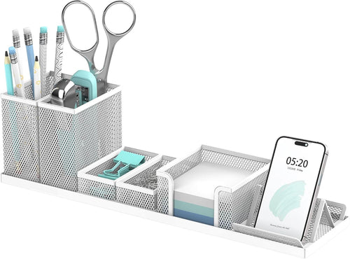 SUPEASY Desk Organizers and Accessories for Office Supplies Organization with 6 Compartments, Desk Organizer with Phone Holder, Pen Holder, Sticky Note Tray, White