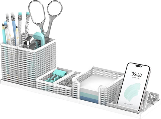 SUPEASY Desk Organizers and Accessories for Office Supplies Organization with 6 Compartments, Desk Organizer with Phone Holder, Pen Holder, Sticky Note Tray, White