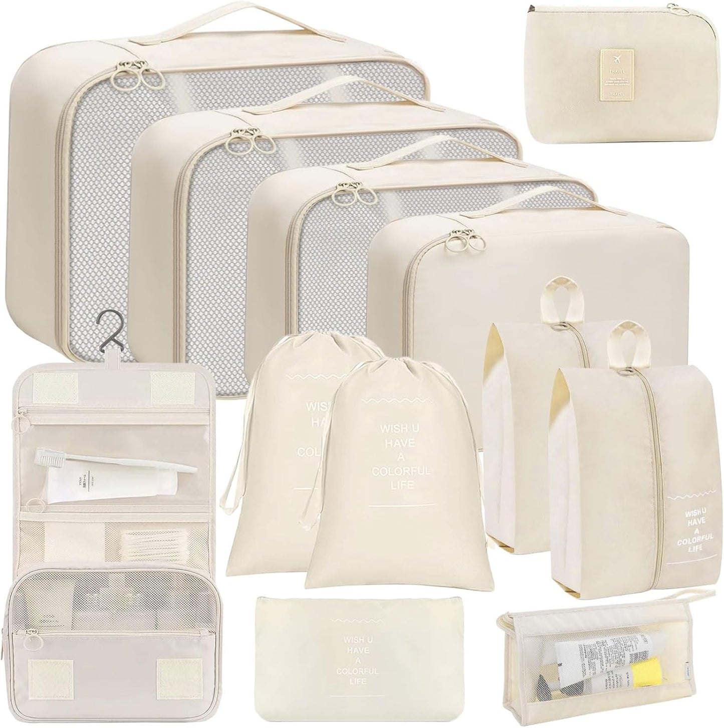 12-Piece Suitcase Organizer Set for Suitcase, Travel Organizer, Space-Saving Packing Cubes, Travel Clothes Bags, Underwear Clothing Bags Footwear (Beige)