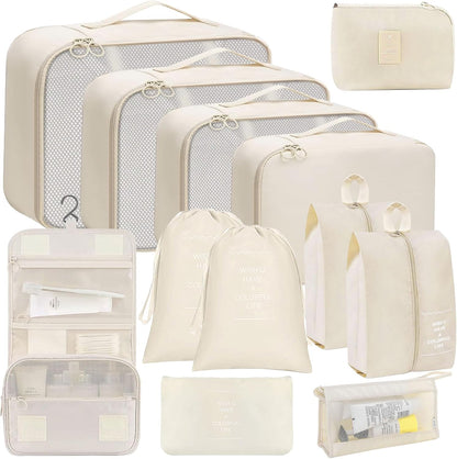 12-Piece Suitcase Organizer Set for Suitcase, Travel Organizer, Space-Saving Packing Cubes, Travel Clothes Bags, Underwear Clothing Bags Footwear (Beige)