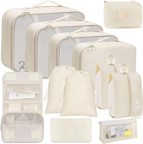 12-Piece Suitcase Organizer Set for Suitcase, Travel Organizer, Space-Saving Packing Cubes, Travel Clothes Bags, Underwear Clothing Bags Footwear (Beige)