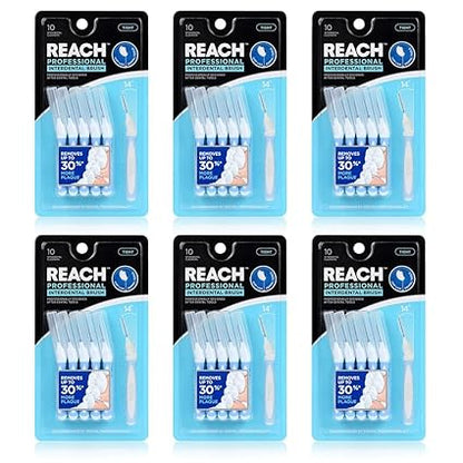 Reach Interdental Brush Cleaners, 1mm, Tight, Sensitive Gum Protection, Plaque Remover for Teeth, Braces Flossers, Braces Brush, Dental Toothbrushes, Oral Care, 6 Pack, 10 Count