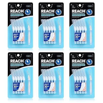 Reach Interdental Brush Cleaners, 1mm, Tight, Sensitive Gum Protection, Plaque Remover for Teeth, Braces Flossers, Braces Brush, Dental Toothbrushes, Oral Care, 6 Pack, 10 Count
