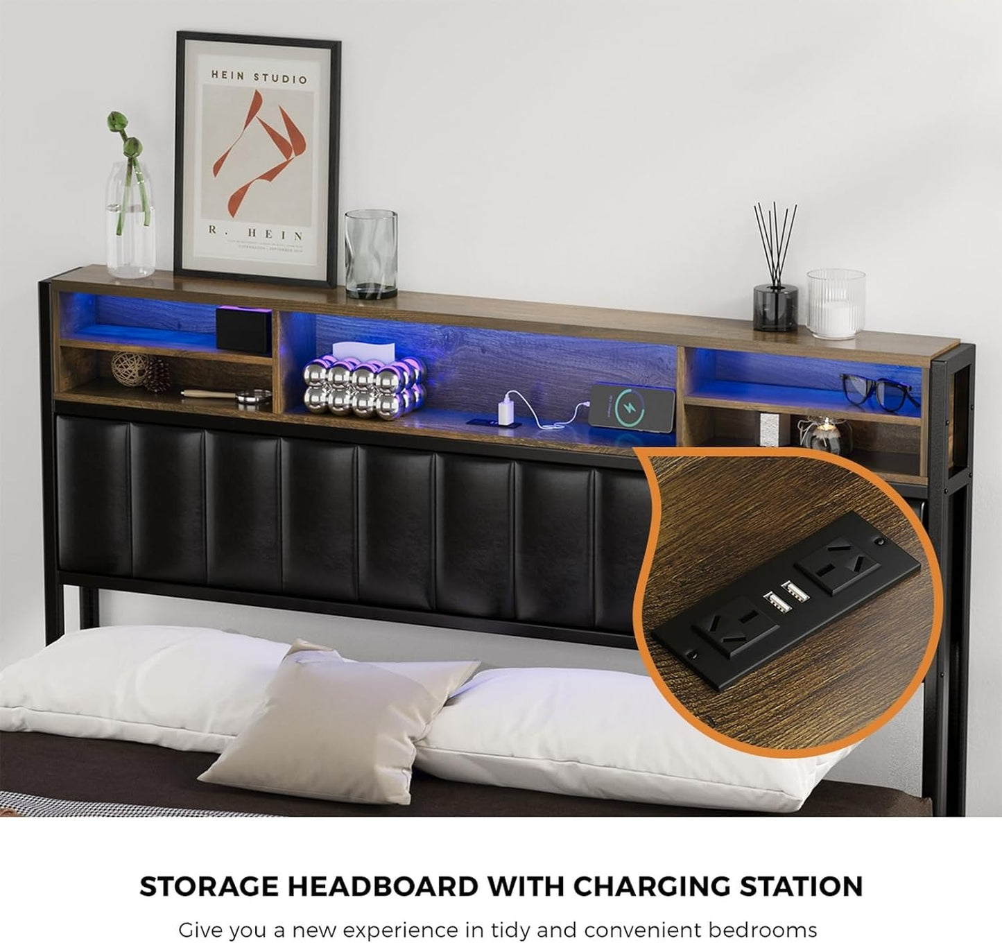 Oikiture Queen Size Bed Frame with 5 LED Open Display Shelves and 4 Drawers Metal Queen Bed with Bed Head Black