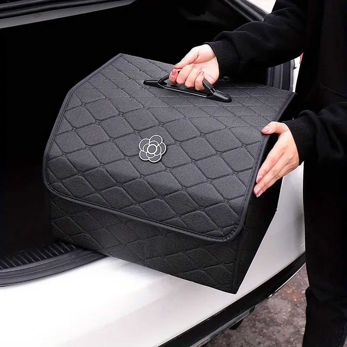 AIMALL Quilted Car Trunk Organizer, Multifunctional Storage Box for Women, Stylish Black