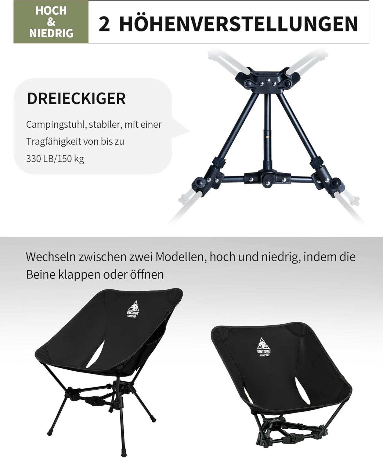 OneTigris TIGERBLADE 150kg Folding Camping Chair Lightweight Triangular Frame Lightweight Camping Chair with 2 Side Pockets for Outdoor Hiking