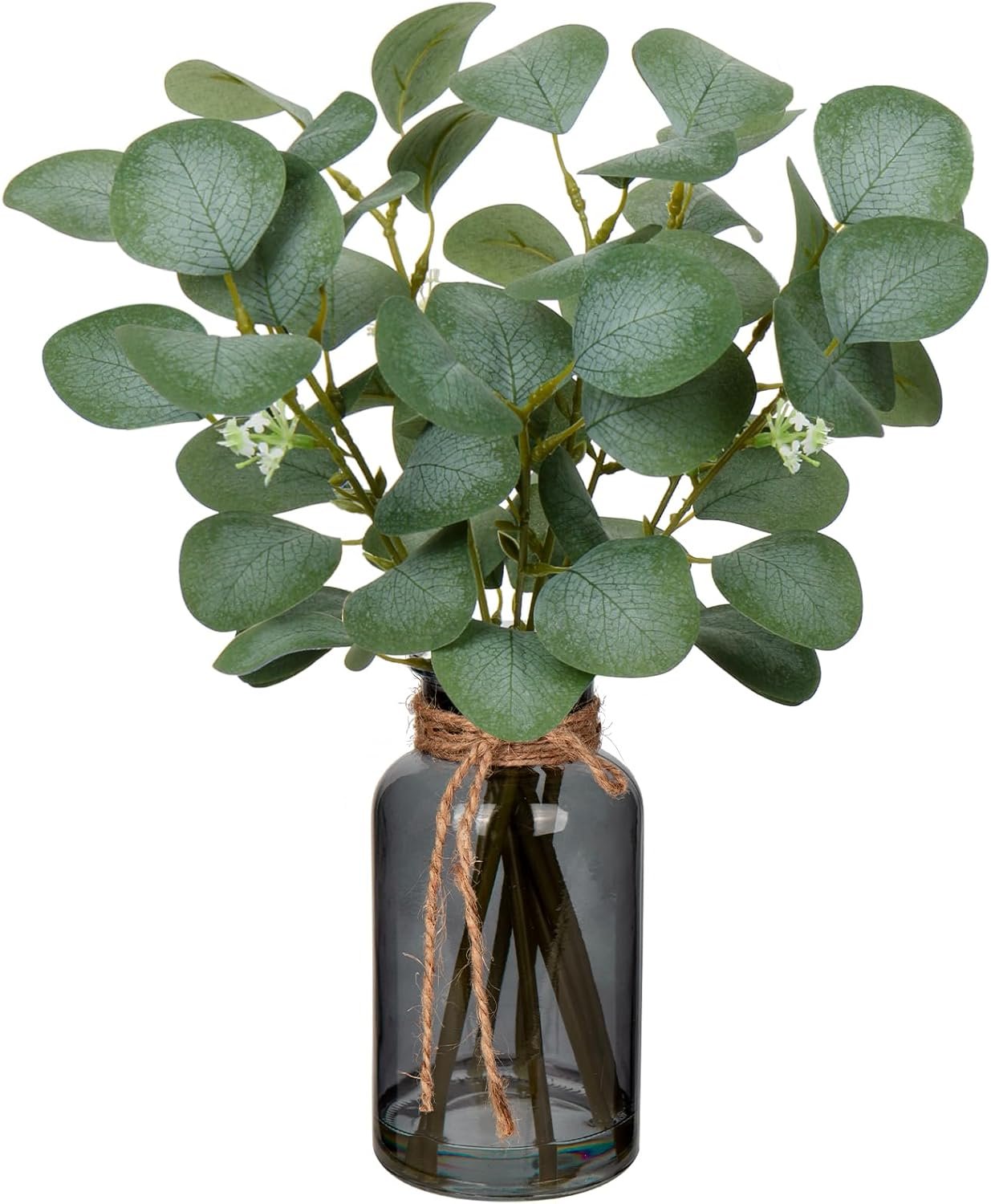DILATATA Artificial Eucalyptus Stems in Glass Vase with Faux Water, 14" Fake Plant Eucalyptus Leaves for Home Office Farmhouse Wedding Centerpiece Décor