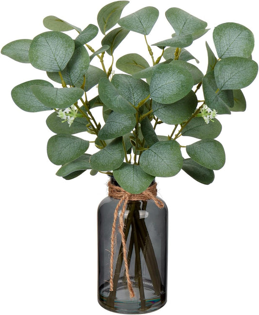 DILATATA Artificial Eucalyptus Stems in Glass Vase with Faux Water, 14" Fake Plant Eucalyptus Leaves for Home Office Farmhouse Wedding Centerpiece Décor