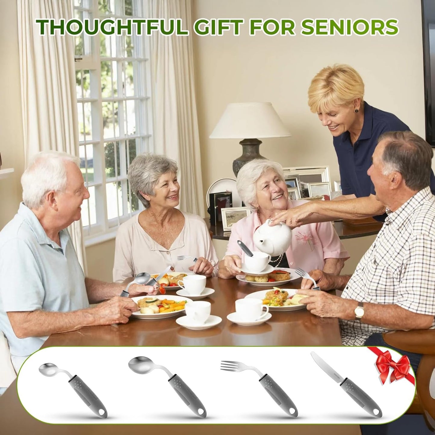 4-Piece Adaptive Utensils Set for Parkinson’s & Hand Tremors – 42° Angled, 2.5 oz Weighted Silverware – Easy-Grip Utensils for Seniors & Arthritis (Fork, Knife, Spoon)