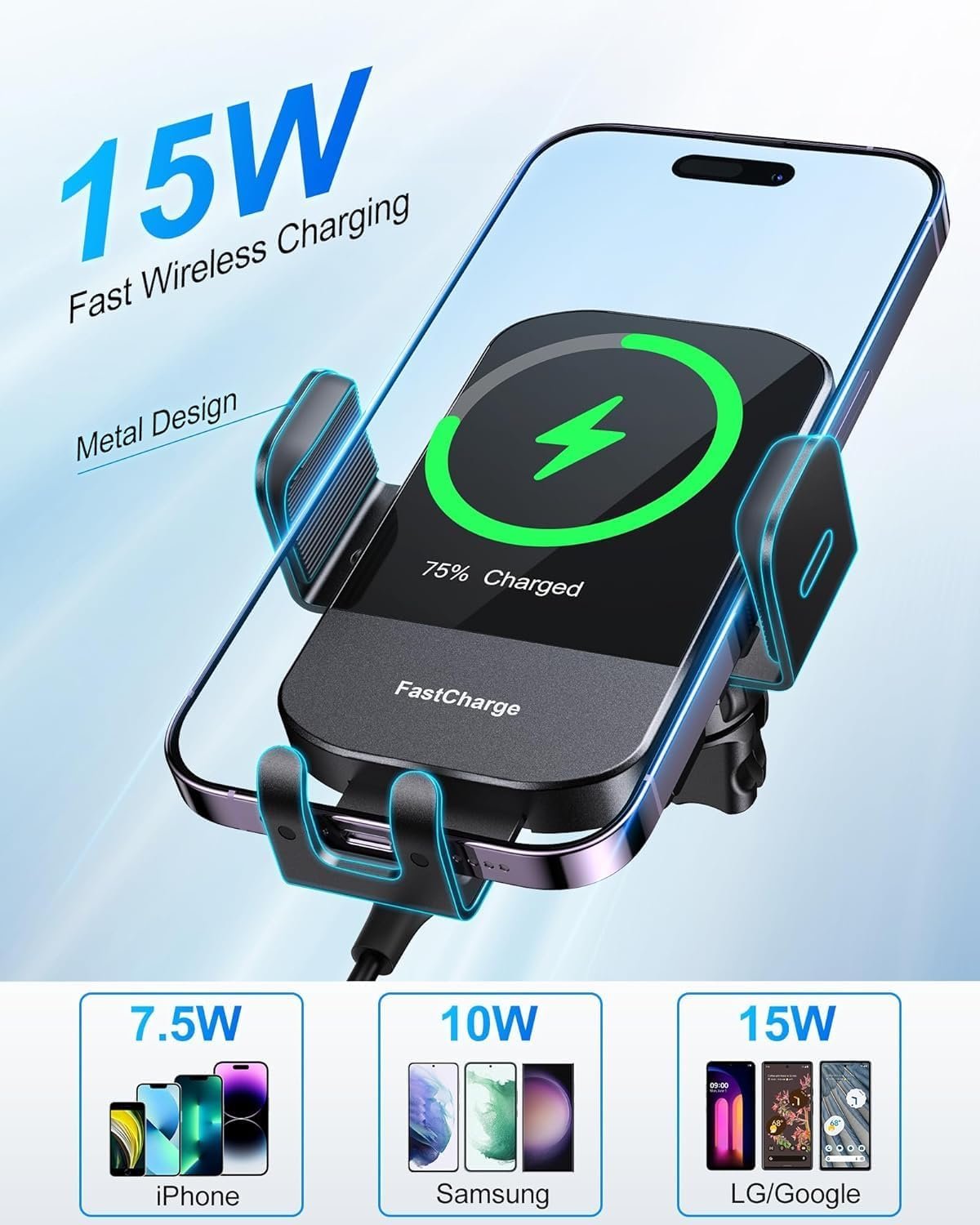 CHGeek Wireless Car Charger,15W Fast Charging Auto Clamping Car Charger Phone Mount Phone Holder fit for iPhone 16 15 14 13 12 Pro Max 11 XR XS,Samsung Galaxy S24 Ultra S23 S22 S21,S20 Brilliant Black