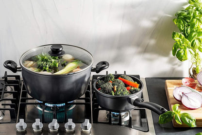 GOURMEX 2L Induction Casserole Pot | Black with Nonstick Coating | Compatible with All Heat Sources | Ideal for Cooking, Boiling and Braising | Includes Glass Lids (1.8L)