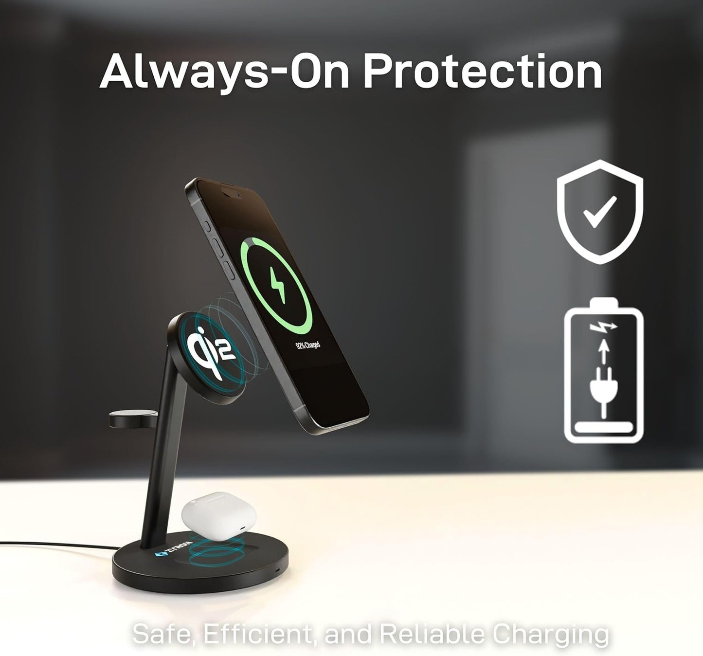 ZYRON 3-in-1 Wireless Charger for Apple, 15W Fast Wireless Charging Station, Qi2 Certified 3 in1 Wireless Charger Dock Compatible with iPhone 16/15/14, Airpods, Apple Watch, iWatch 10/9/8, Black