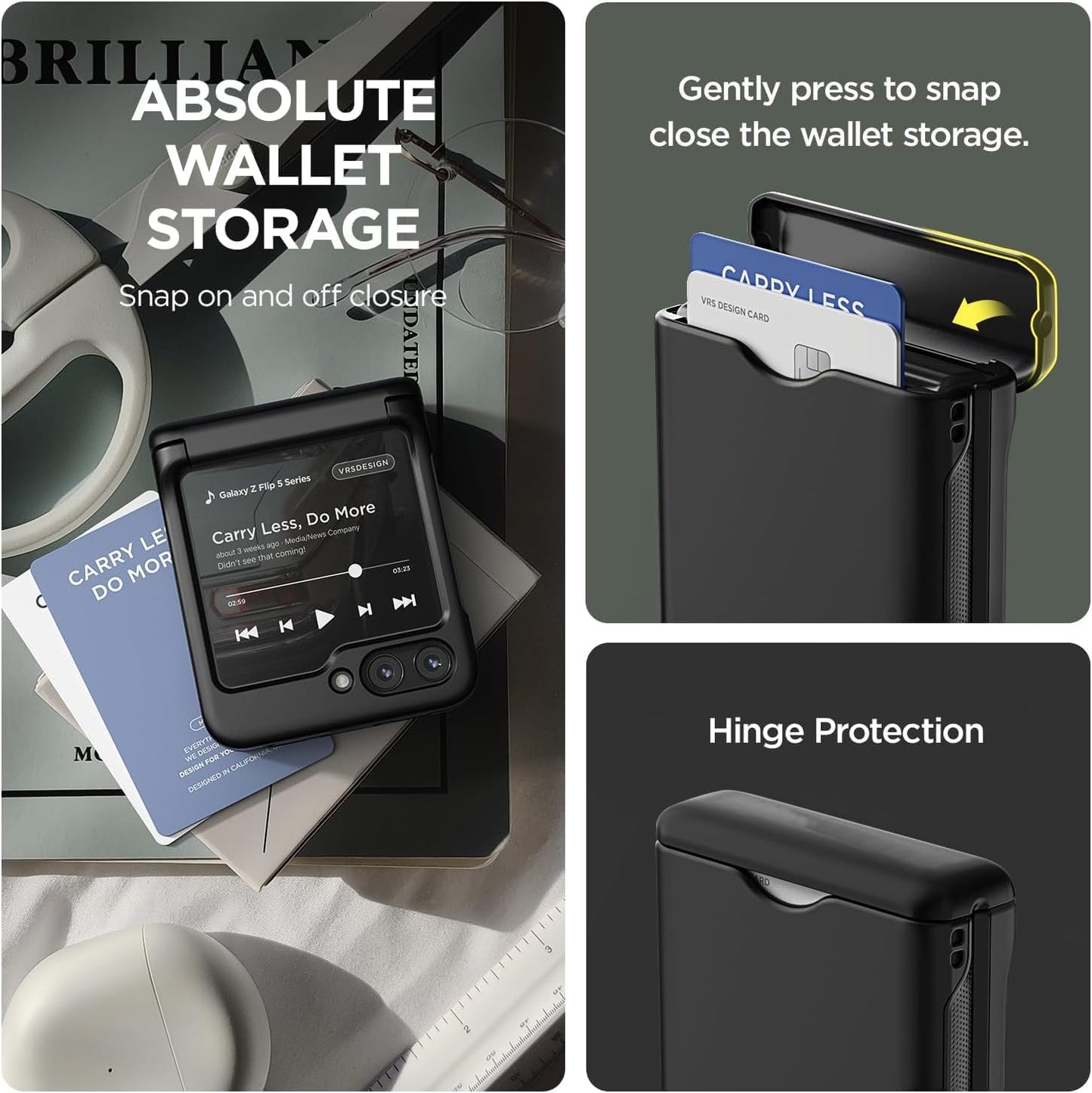 RUNGOS for Samsung Z Flip 6 Case with Hidden Card Holder [Automatic Folding Hinge Protection] [1-2 Card Slot] Skin Feel for Samsung Galaxy Z Flip 6 Case, 10Ft Drop Tested Full Body Protection Cover